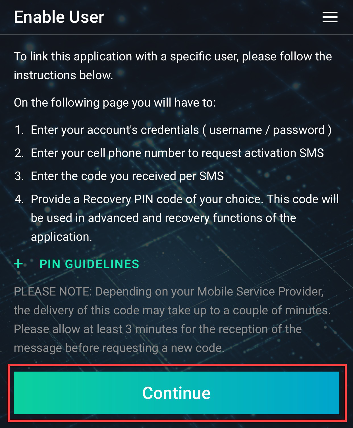 IB Key - Instrucciones para activar usuario, haga clic en Continuar